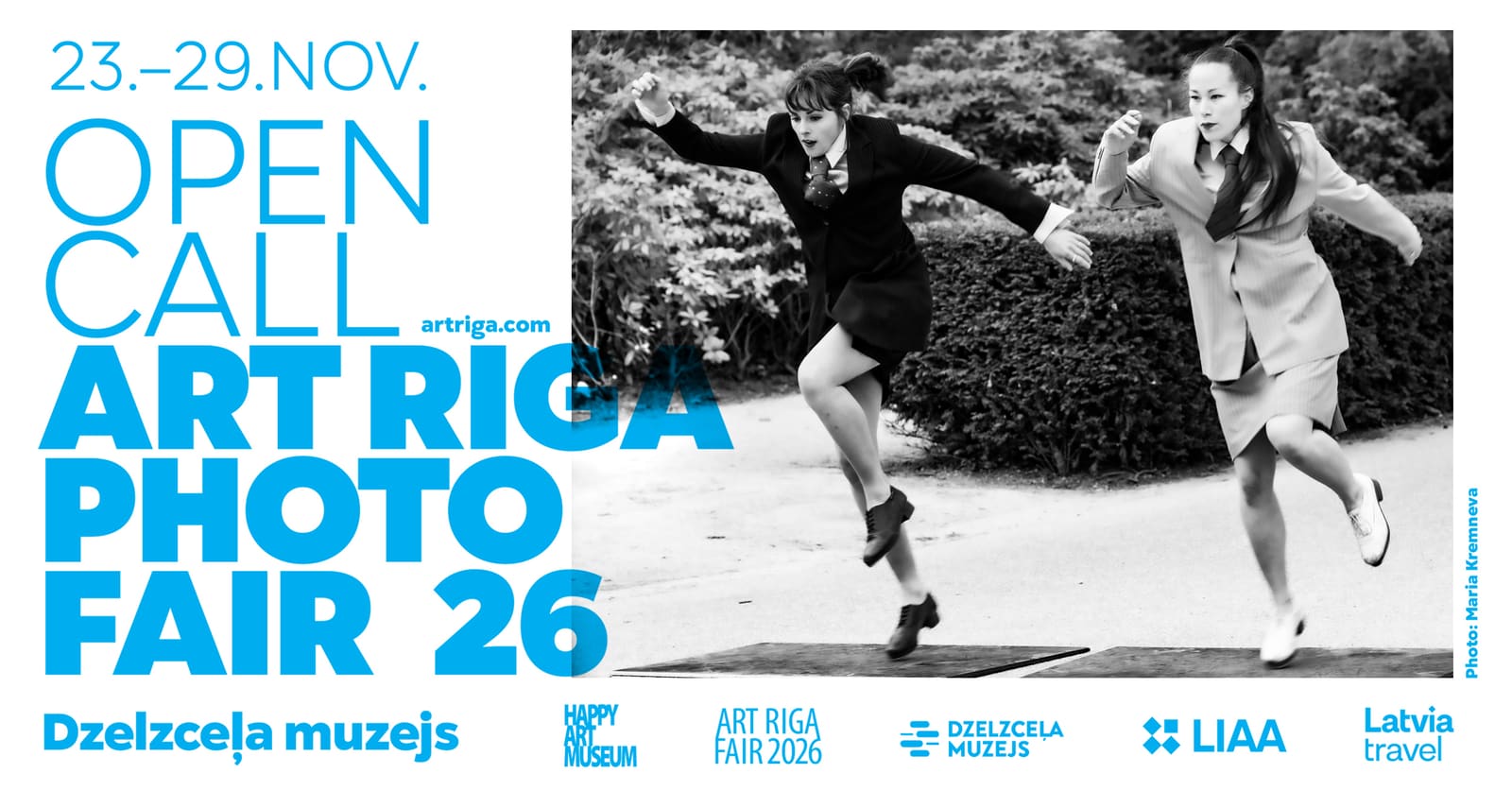 Art Riga Photo Fair 2026 open call: black-and-white photographs by Maria Kremneva of people leaping through the city, with large lettering “OPEN CALL · ART RIGA PHOTO FAIR 26”; 23–29 November, Latvian Railway History Museum, Uzvaras bulvāris 2A, Rīga
